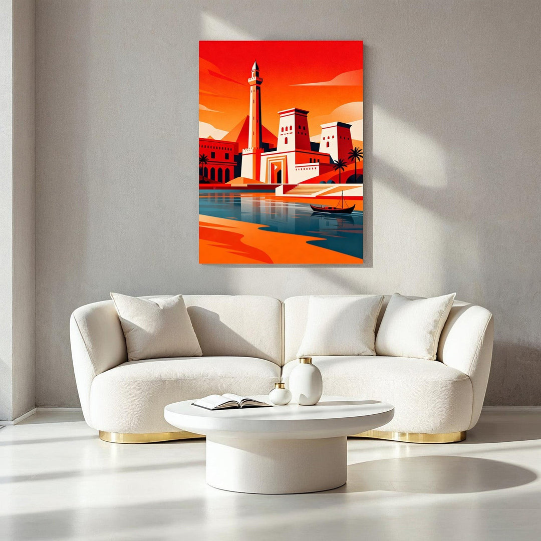 Wadi Home Egyptian riverside landscape art with temples, a minaret, and a boat on the water, in warm oranges, blues, and yellows.