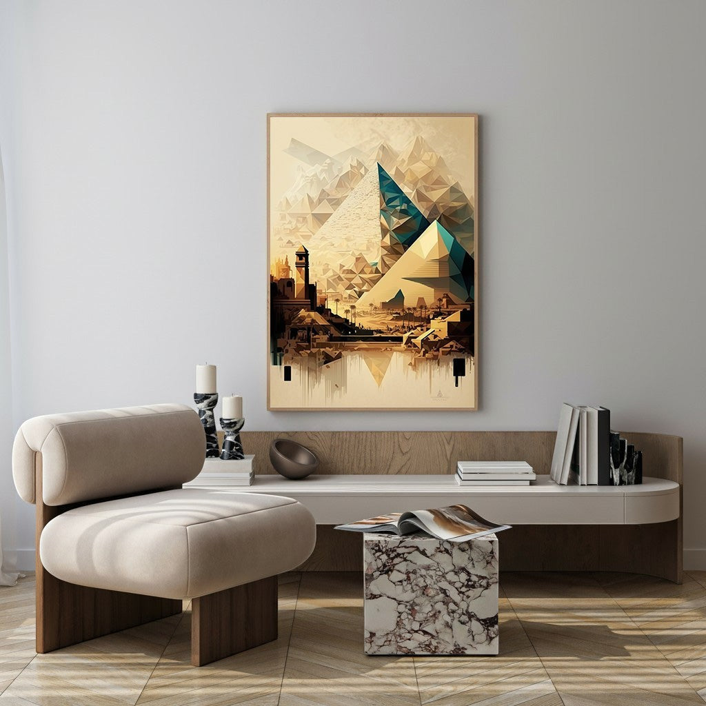 Wadi Home Geometric Egyptian Landscape Wall Art with pyramids and turquoise accents. Modern abstract art.