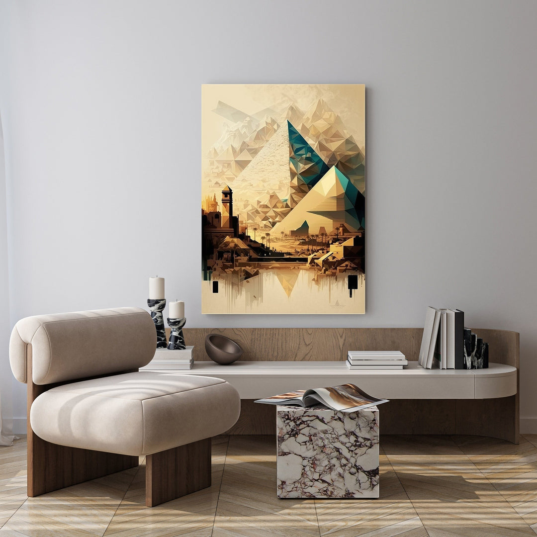 Wadi Home Geometric Egyptian Landscape Wall Art with pyramids and turquoise accents.