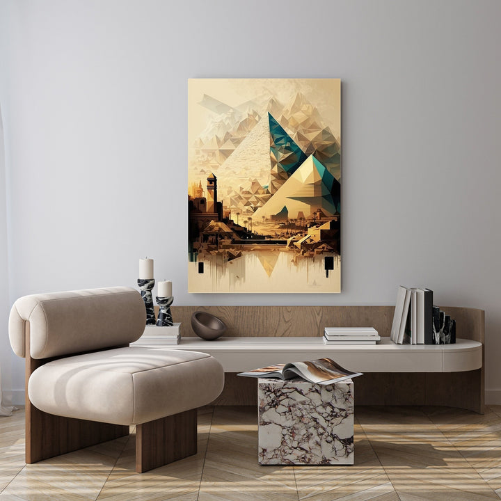 Wadi Home Geometric Egyptian Landscape Wall Art with pyramids and turquoise accents.