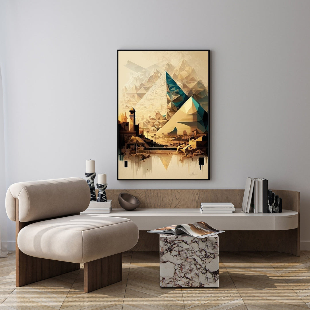 Wadi Home Geometric Egyptian Landscape Wall Art featuring pyramids and architecture in earthy tones with turquoise and gold accents.