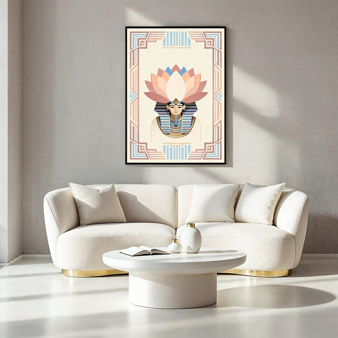 Wadi Home Egyptian Lotus Pharaoh Wall Art with pastel colors and geometric border.
