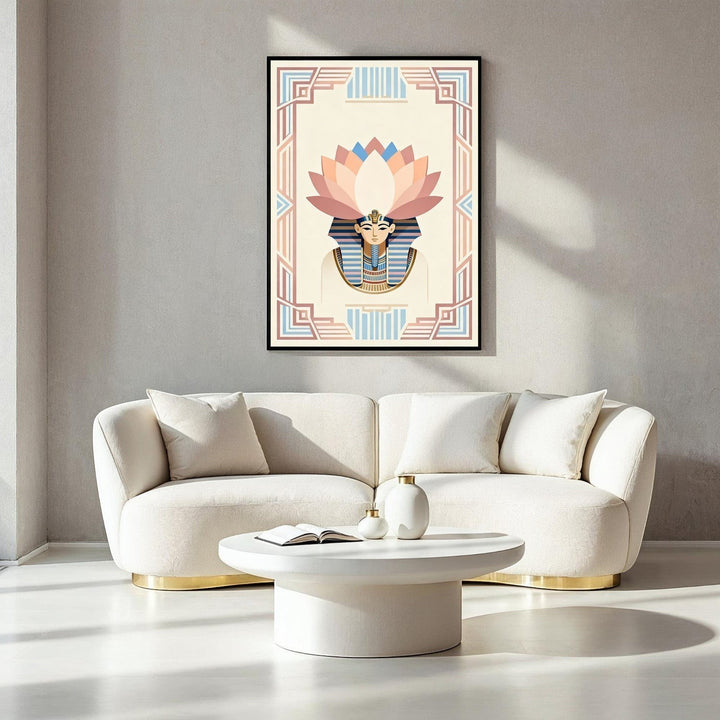 Wadi Home Egyptian Lotus Pharaoh Wall Art with pastel colors and geometric border.