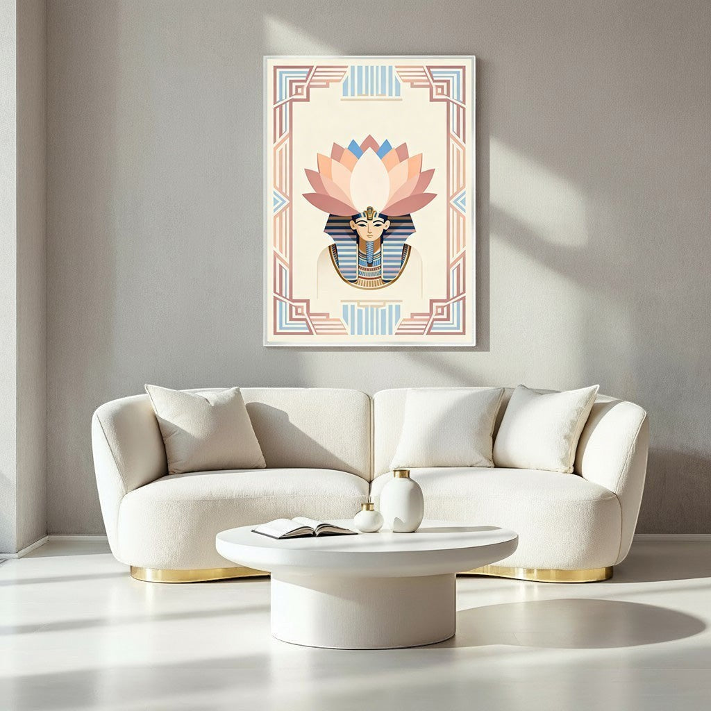 Wadi Home Egyptian Lotus Pharaoh Wall Art featuring a stylized pharaoh with a lotus crown in pastel colors and geometric border.