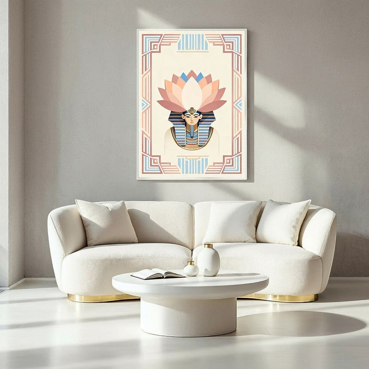 Wadi Home Egyptian Lotus Pharaoh Wall Art featuring a stylized pharaoh with a lotus crown in pastel colors and geometric border.