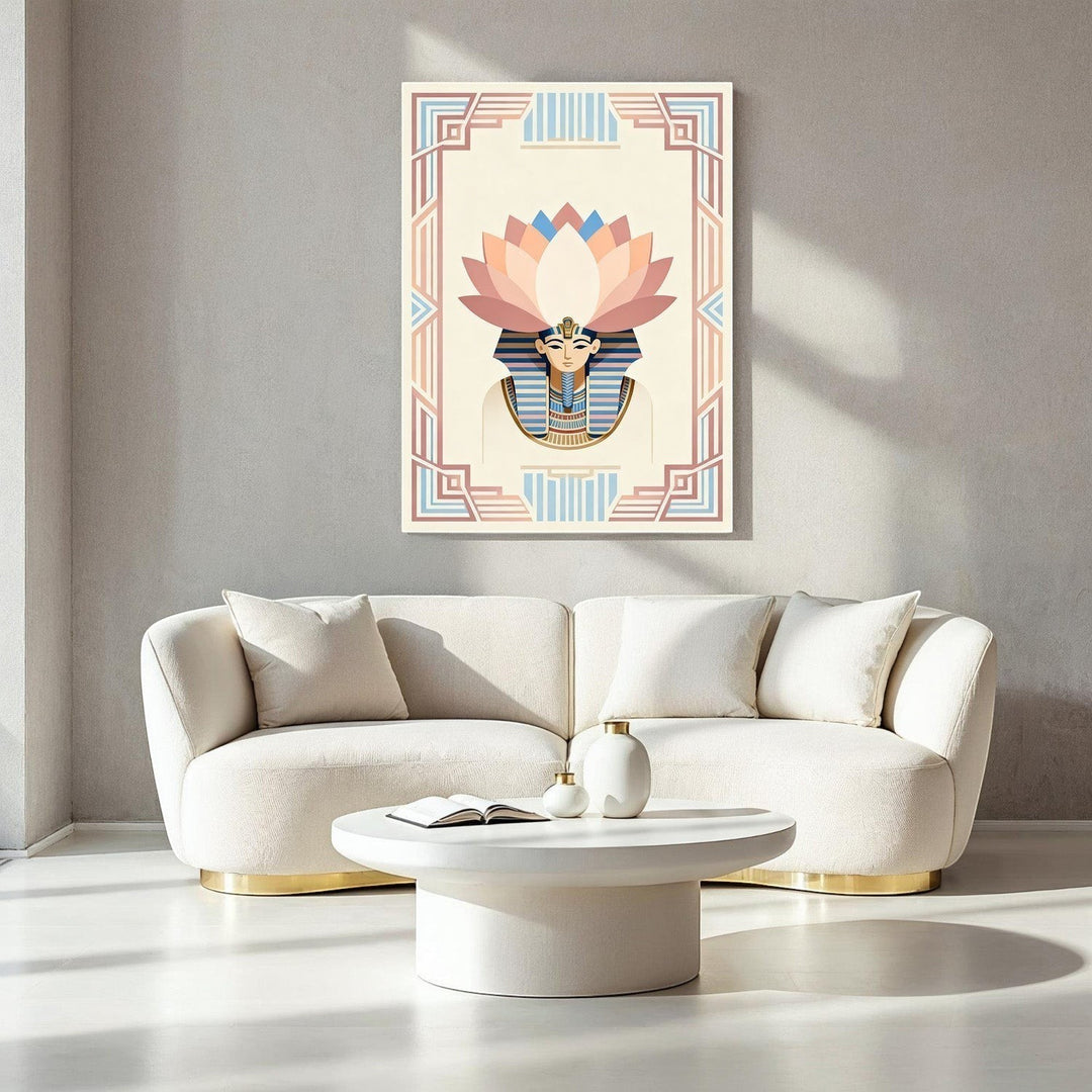 Wadi Home Egyptian Lotus Pharaoh Wall Art with pastel lotus headdress and geometric border.