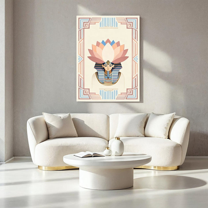 Wadi Home Egyptian Lotus Pharaoh Wall Art with pastel lotus headdress and geometric border.