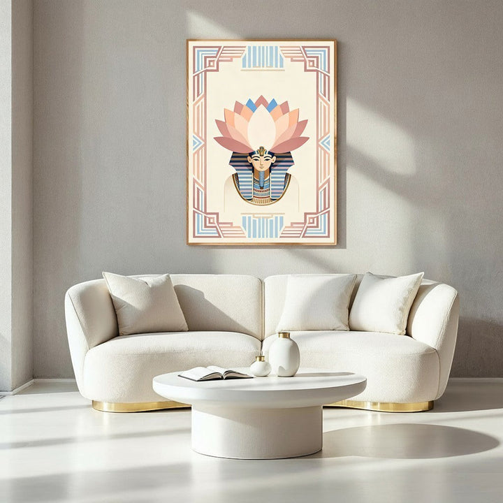 Wadi Home Egyptian Lotus Pharaoh Wall Art featuring a stylized pharaoh with a lotus headdress in pastel colors, framed in geometric border.