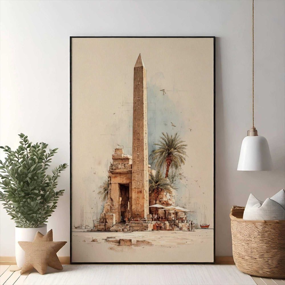 Wadi Home Ancient Egyptian obelisk watercolor art with palm trees and ruins. Serene wall art.