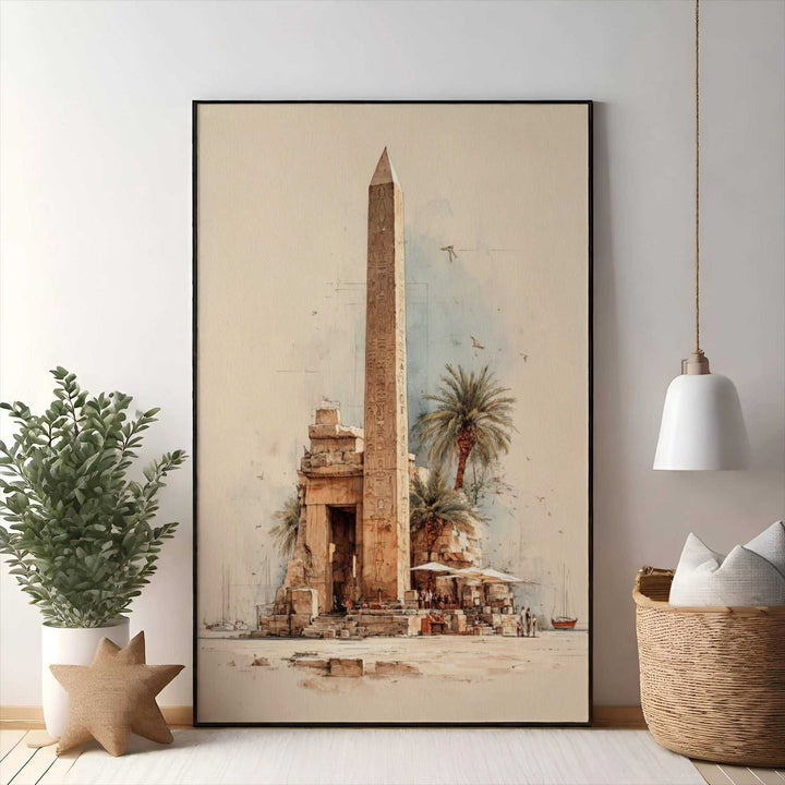 Wadi Home Ancient Egyptian obelisk watercolor art with palm trees and ruins. Serene wall art.