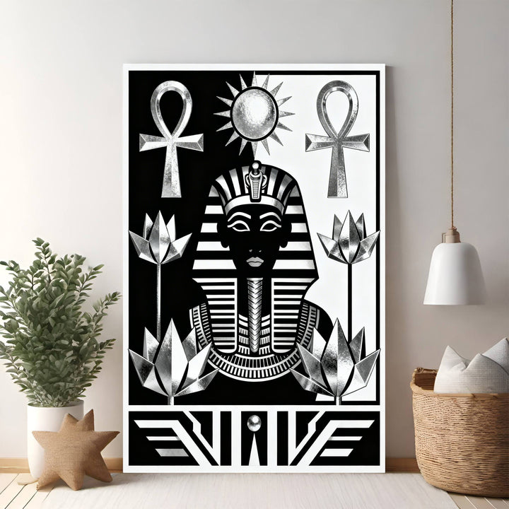 Wadi Home black and white graphic art print of an Ancient Egyptian pharaoh wearing a nemes headdress, flanked by ankh symbols and lotus flowers.