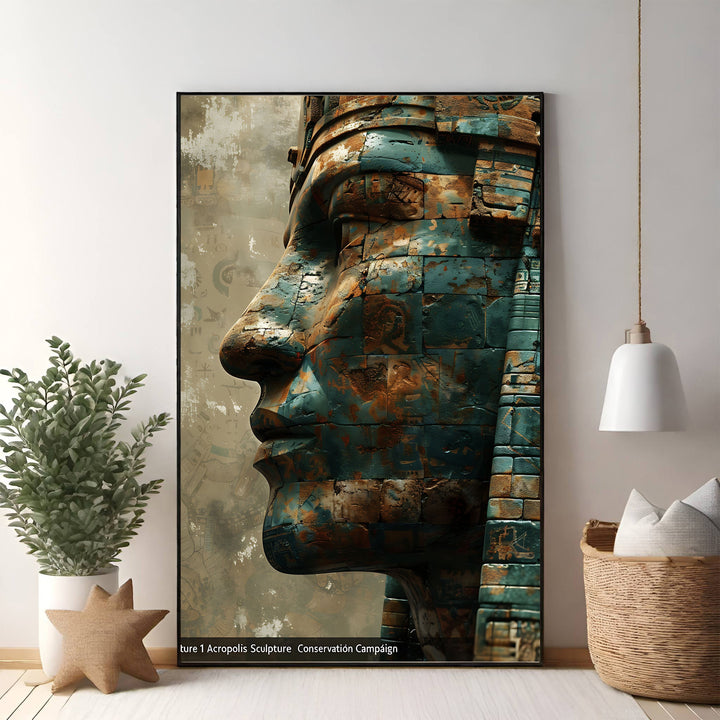 Wadi Home Ancient Egyptian pharaoh head sculpture wall art with teal and rust patina. Textured, weathered finish.