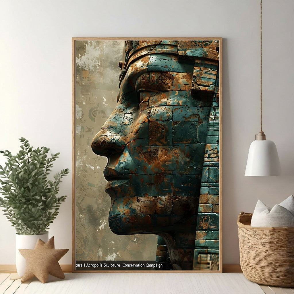 Wadi Home Ancient Egyptian pharaoh head sculpture wall art with teal and rust patina, textured finish.
