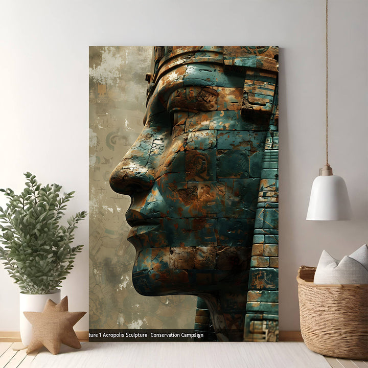 Wadi Home Ancient Egyptian pharaoh head sculpture wall art with teal and rust patina. Textured, weathered finish.