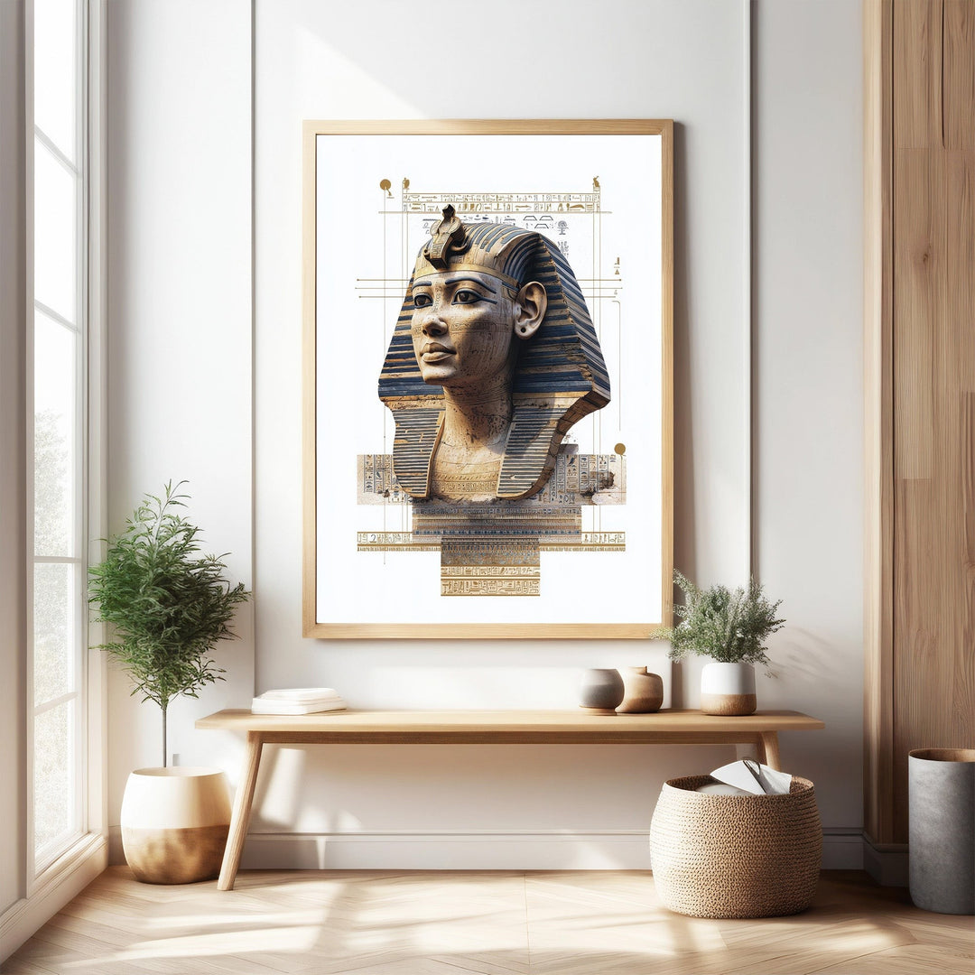 Wadi Home Ancient Egyptian Pharaoh portrait wall art featuring a detailed bust with hieroglyphs and a striped nemes headdress.