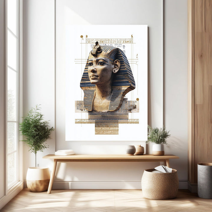 Wadi Home Ancient Egyptian Pharaoh portrait wall art with gold and blue headdress and hieroglyphs.
