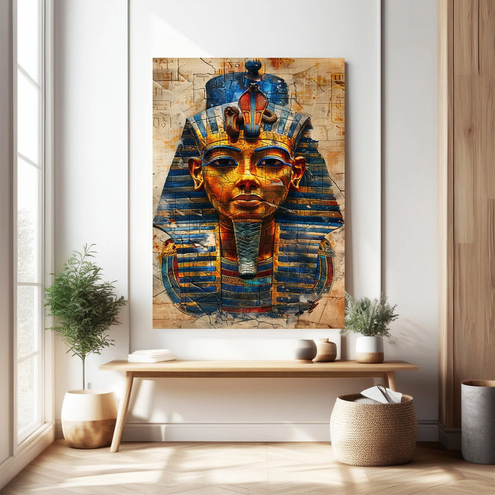 Wadi Home Ancient Egyptian Pharaoh portrait wall art with gold, blue, and red headdress and hieroglyphic background.