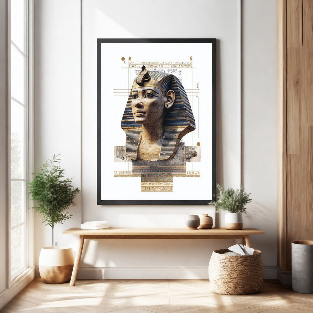 Wadi Home Ancient Egyptian Pharaoh portrait wall art with hieroglyphs and gold accents.