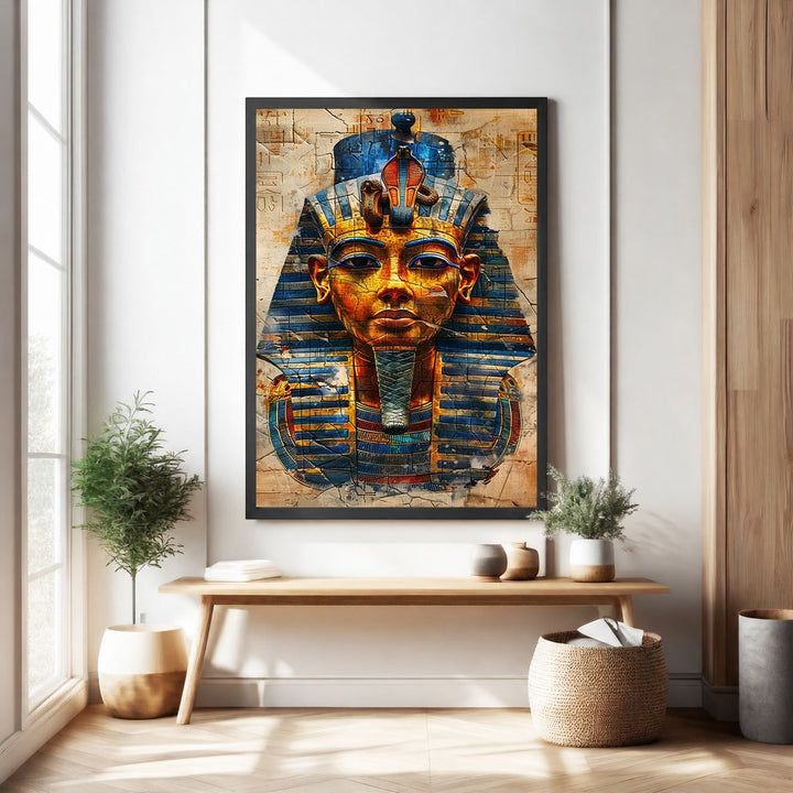 Wadi Home Ancient Egyptian Pharaoh portrait wall art with gold, blue, and red tones. Features hieroglyphics.