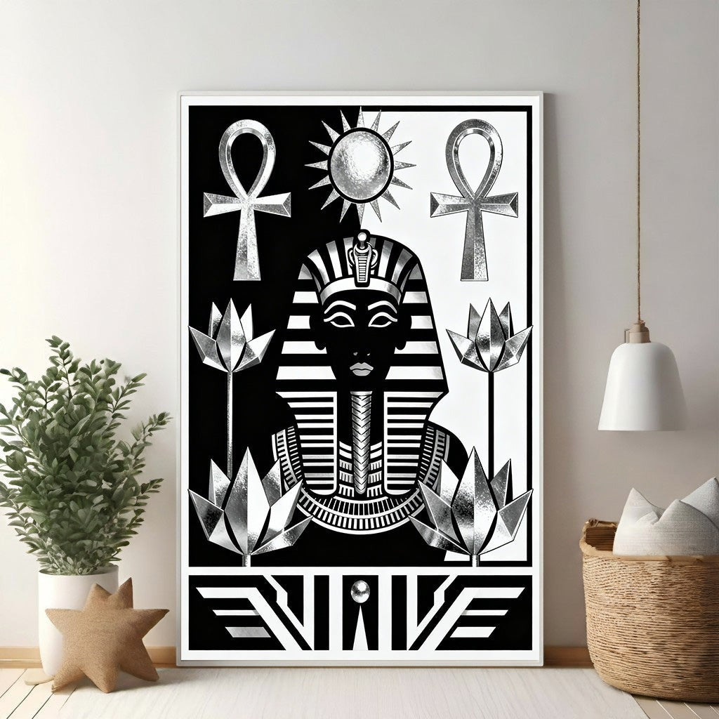 Wadi Home black and white graphic art print of an Ancient Egyptian pharaoh wearing a nemes headdress, flanked by ankh symbols and lotus flowers.
