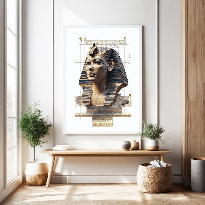Wadi Home Ancient Egyptian Pharaoh portrait wall art featuring a detailed bust with gold and blue headdress and hieroglyphs.