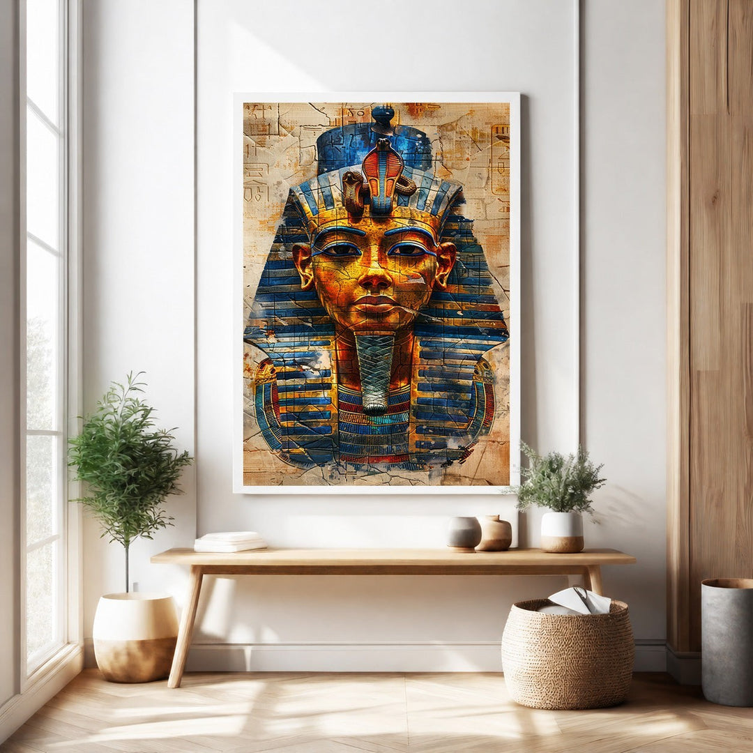 Wadi Home Ancient Egyptian Pharaoh portrait wall art with gold, blue, and red details. Textured background with hieroglyphs.
