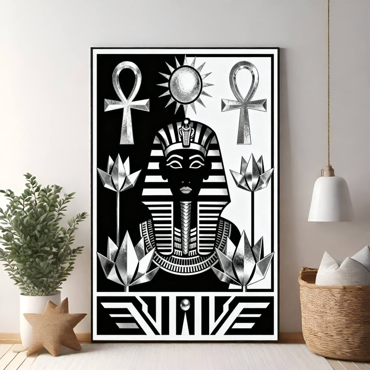 Wadi Home black and white graphic art print of an Egyptian pharaoh with ankh symbols and lotus flowers.