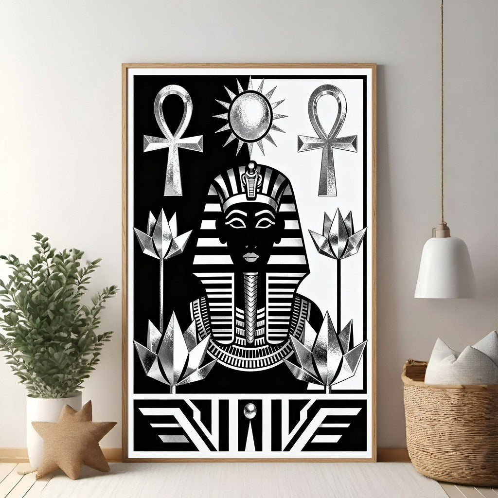 Wadi Home black and white graphic art print of an ancient Egyptian pharaoh with ankh symbols and lotus flowers.