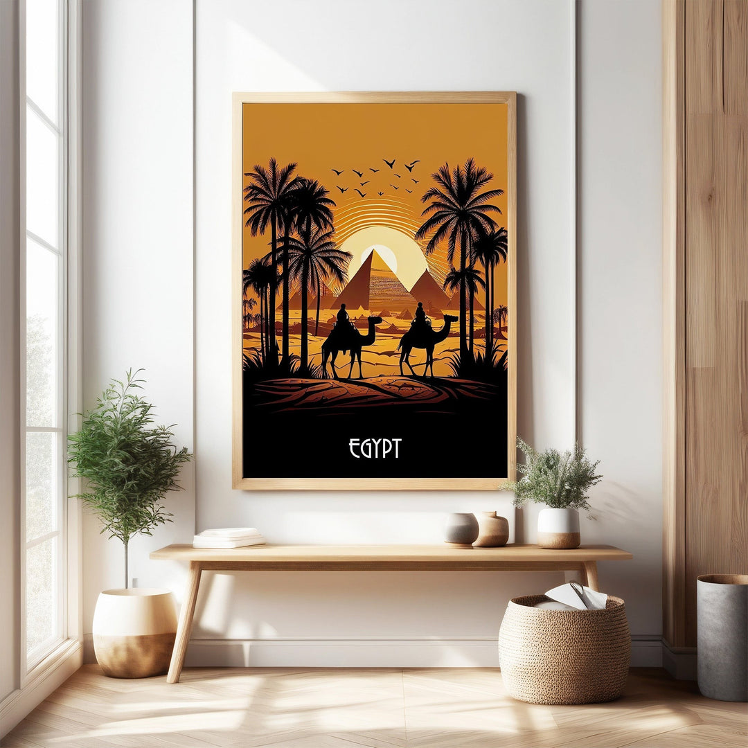 Wadi Home Egyptian pyramids sunset wall art with camels and palm trees. Golden hues and silhouettes.