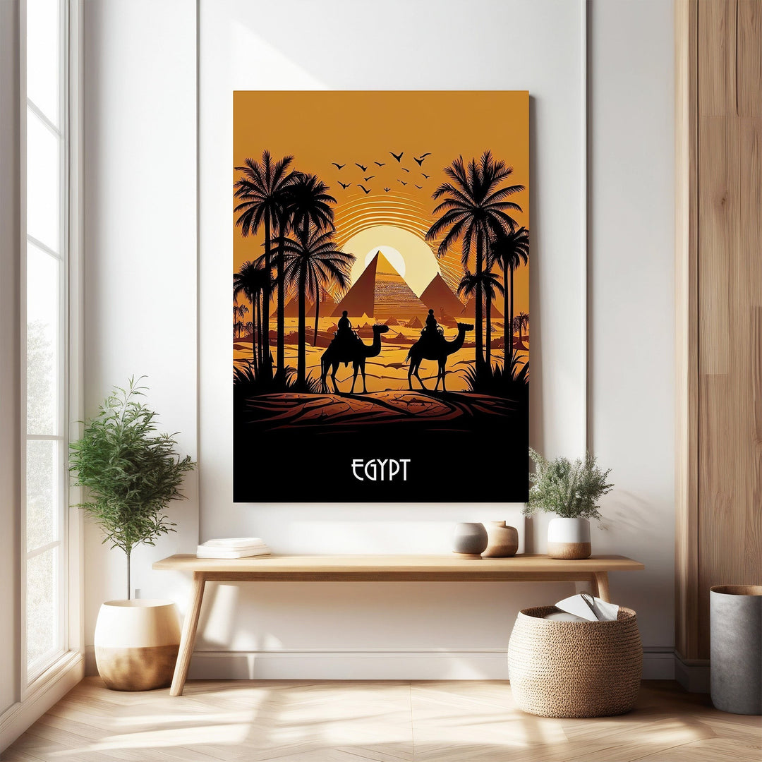 Wadi Home Egyptian pyramids sunset wall art with camels and palm trees. Warm golden hues.