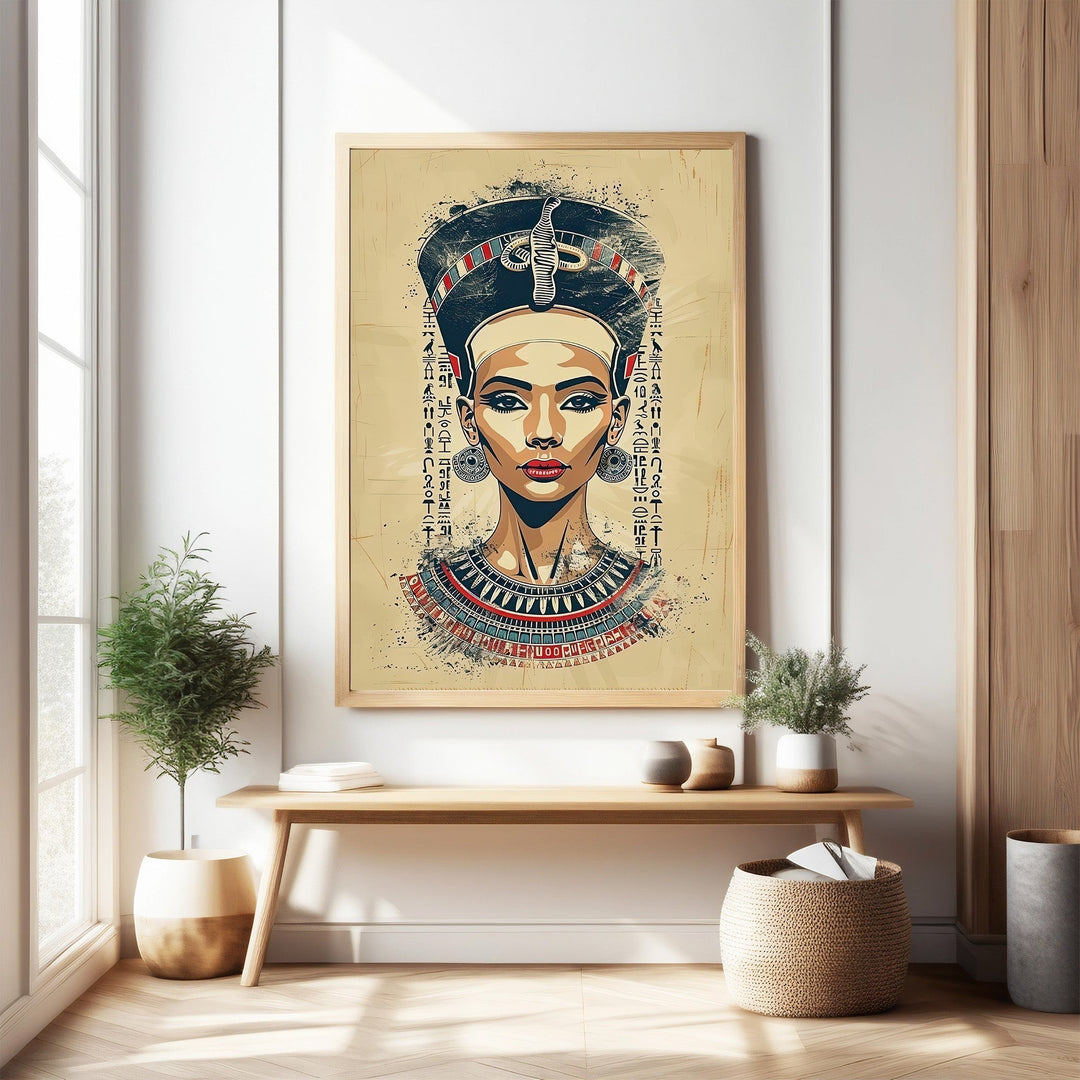Wadi Home Ancient Egyptian Queen portrait wall art with headdress and hieroglyphics. Textured painterly effect.