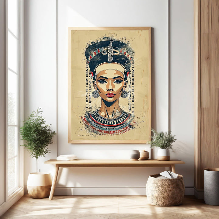 Wadi Home Ancient Egyptian Queen portrait wall art with headdress and hieroglyphics. Textured painterly effect.
