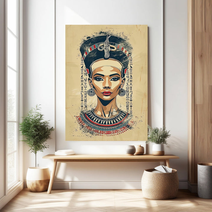 Wadi Home Ancient Egyptian Queen portrait wall art with headdress, jewelry, and hieroglyphs. Textured painterly effect.