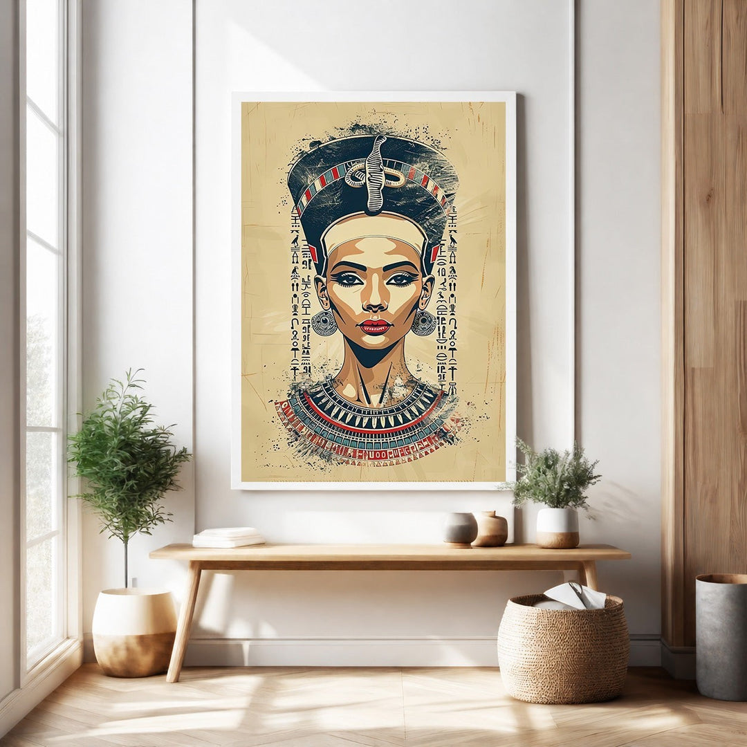 Wadi Home Ancient Egyptian Queen portrait wall art with headdress, jewelry, and hieroglyphics. Textured painterly effect.