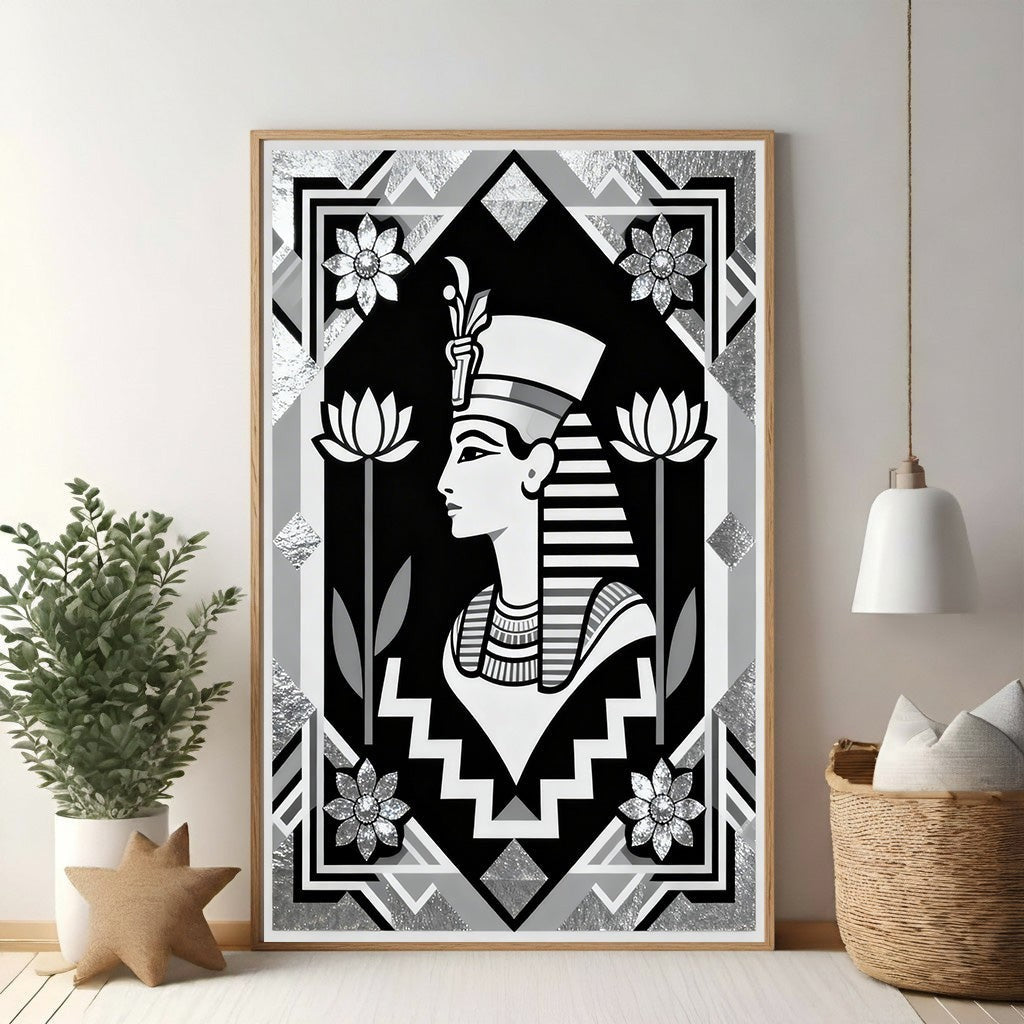 Wadi Home Egyptian Queen portrait wall art in black, white, and silver with lotus flowers and geometric patterns.