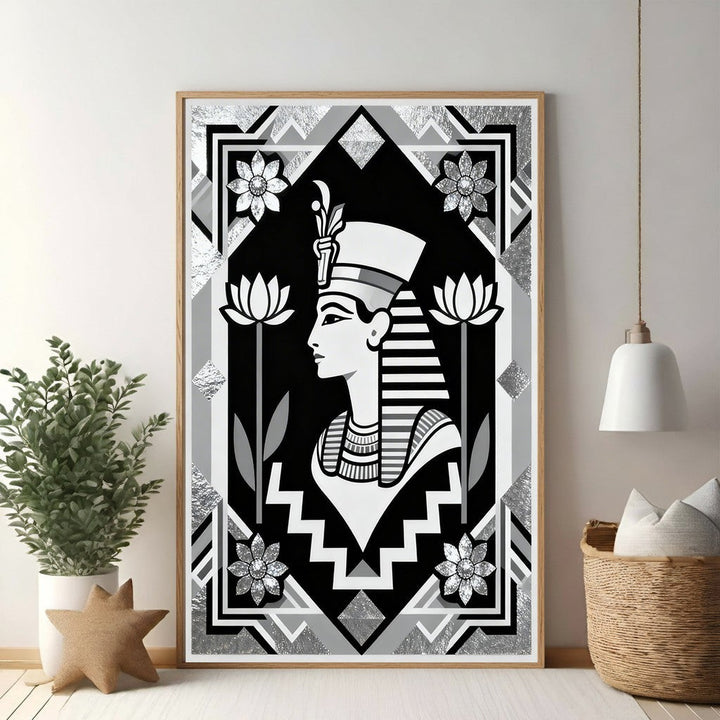 Wadi Home Egyptian Queen portrait wall art in black, white, and silver with lotus flowers and geometric patterns.