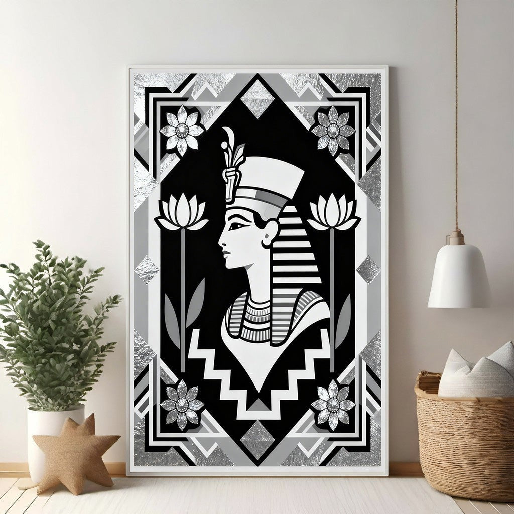 Wadi Home Egyptian Queen portrait wall art in black, white, and silver with lotus flowers and geometric patterns.