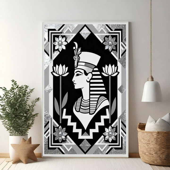 Wadi Home Egyptian Queen portrait wall art in black, white, and silver with lotus flowers and geometric patterns.