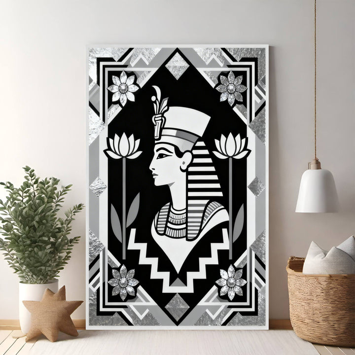 Wadi Home Egyptian Queen portrait wall art in black, white, and silver with lotus flowers and geometric patterns.
