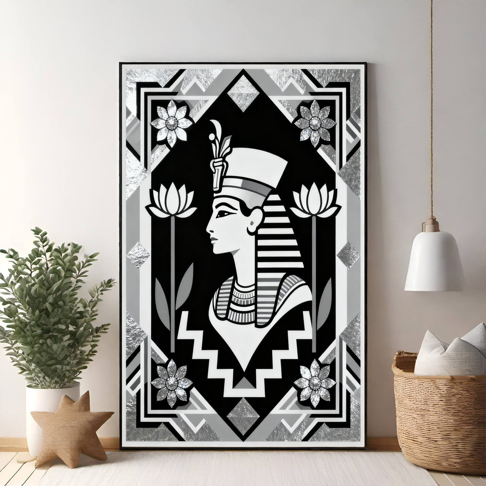 Wadi Home Egyptian Queen portrait wall art in black, white, and silver with lotus flowers and geometric patterns.
