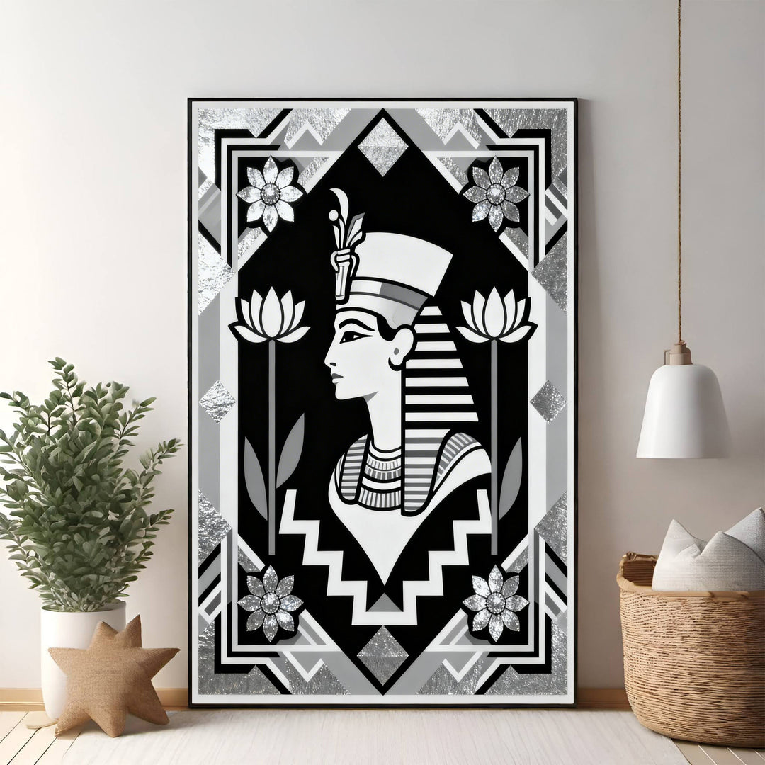 Wadi Home Egyptian Queen portrait wall art in black, white, and silver with lotus flowers and geometric patterns.