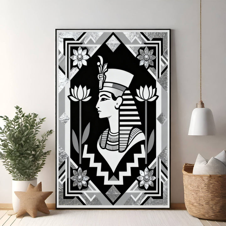 Wadi Home Egyptian Queen portrait wall art in black, white, and silver with lotus flowers and geometric patterns.