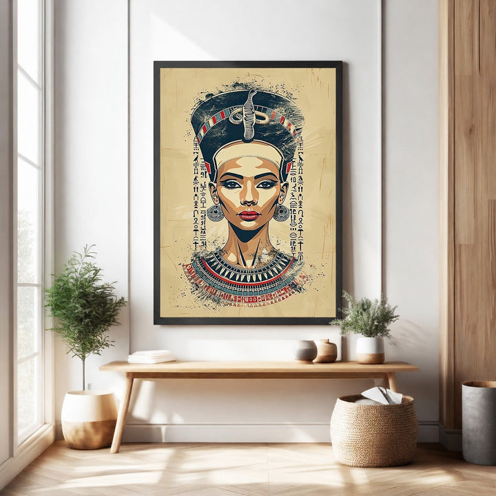 Wadi Home Egyptian Queen portrait wall art with headdress, jewelry, and hieroglyphs. Textured painterly effect.
