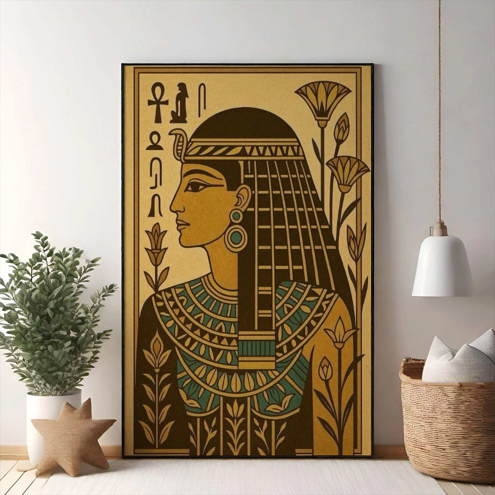 Wadi Home Egyptian Queen portrait wall art in profile, featuring headdress, jewelry, and hieroglyphs. Earthy tones.
