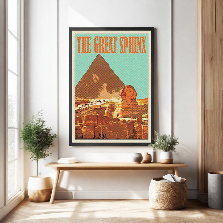 Wadi Home vintage Egyptian Sphinx and Pyramid poster with retro design and warm, earthy tones.