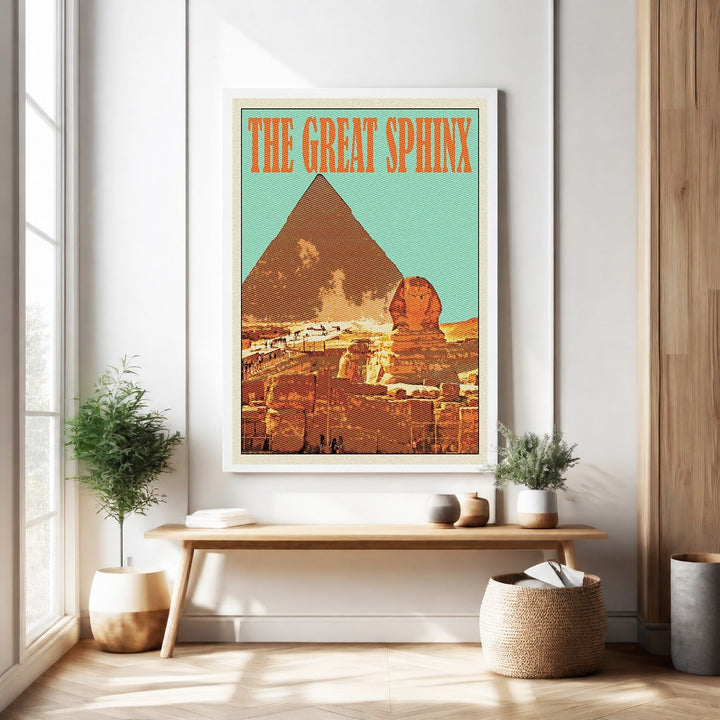 Wadi Home vintage Egyptian Sphinx and Pyramid poster in warm earthy tones with bold typography. Retro travel art.