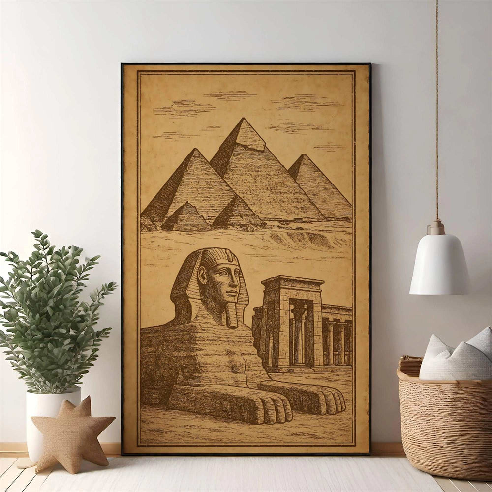 Wadi Home sepia-toned artwork of the Sphinx and pyramids, detailed illustration of ancient Egyptian landmarks.