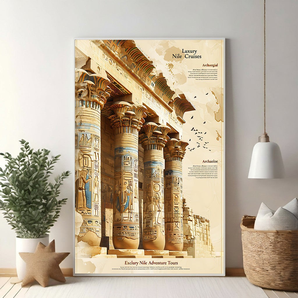 Wadi Home Egyptian temple columns wall art with hieroglyphs in warm earthy tones. Vintage travel poster style.