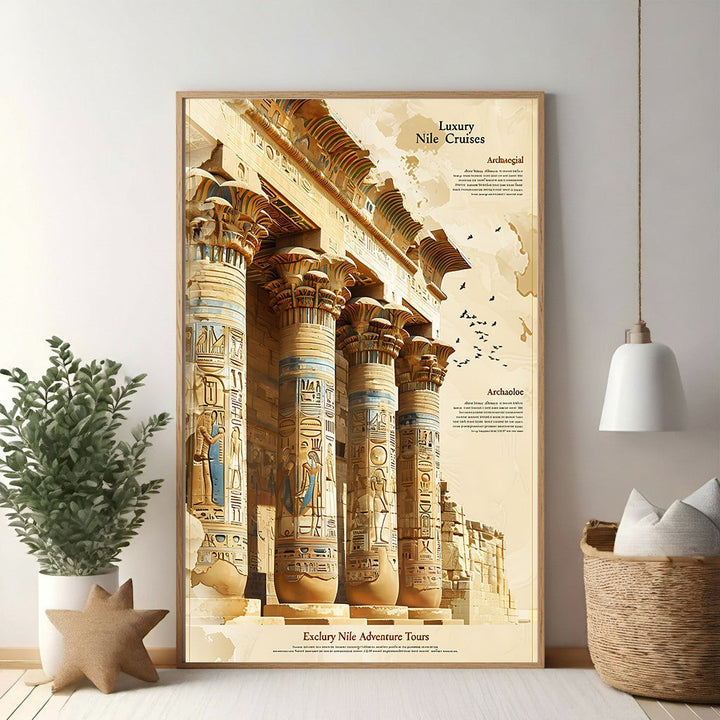 Wadi Home Egyptian temple columns wall art with hieroglyphs in warm earthy tones. Features detailed artwork evoking ancient grandeur.