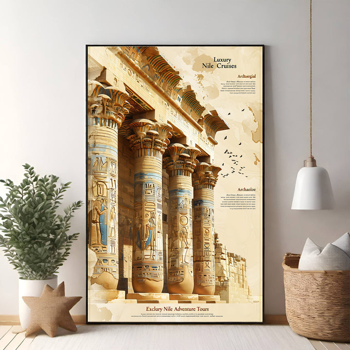 Wadi Home Egyptian temple columns wall art with hieroglyphs in warm earthy tones. Vintage travel poster style.